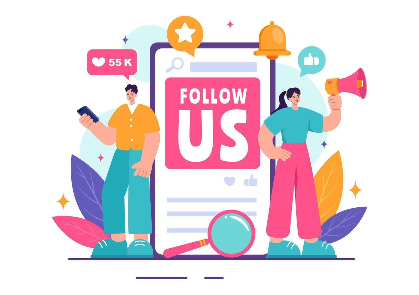 Follow Us and Like Illustration for Internet Advertisements of Social Media Users Following an Interesting Page, Set in a Flat Background vector