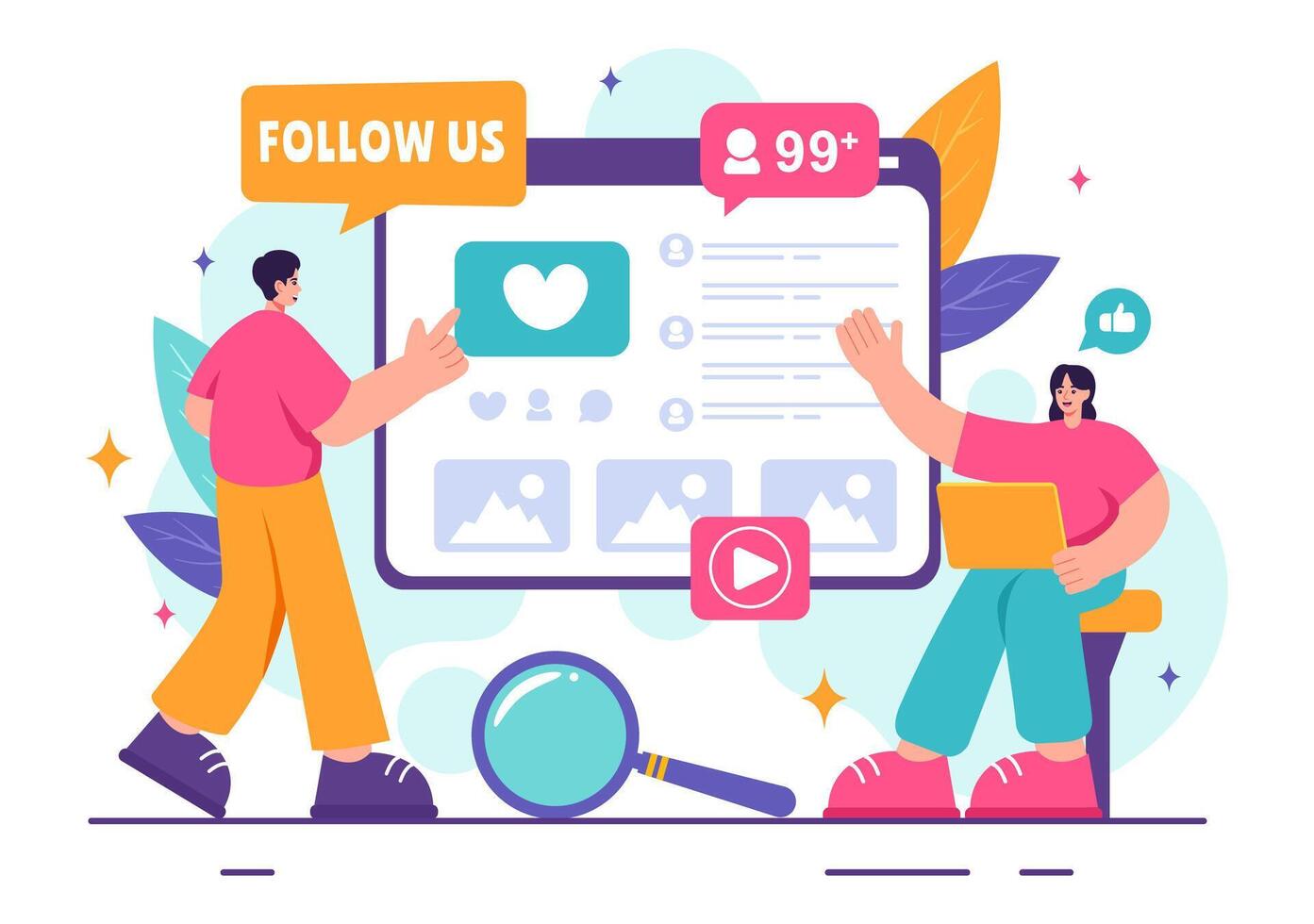 Follow Us and Like Illustration for Internet Advertisements of Social Media Users Following an Interesting Page, Set in a Flat Background vector
