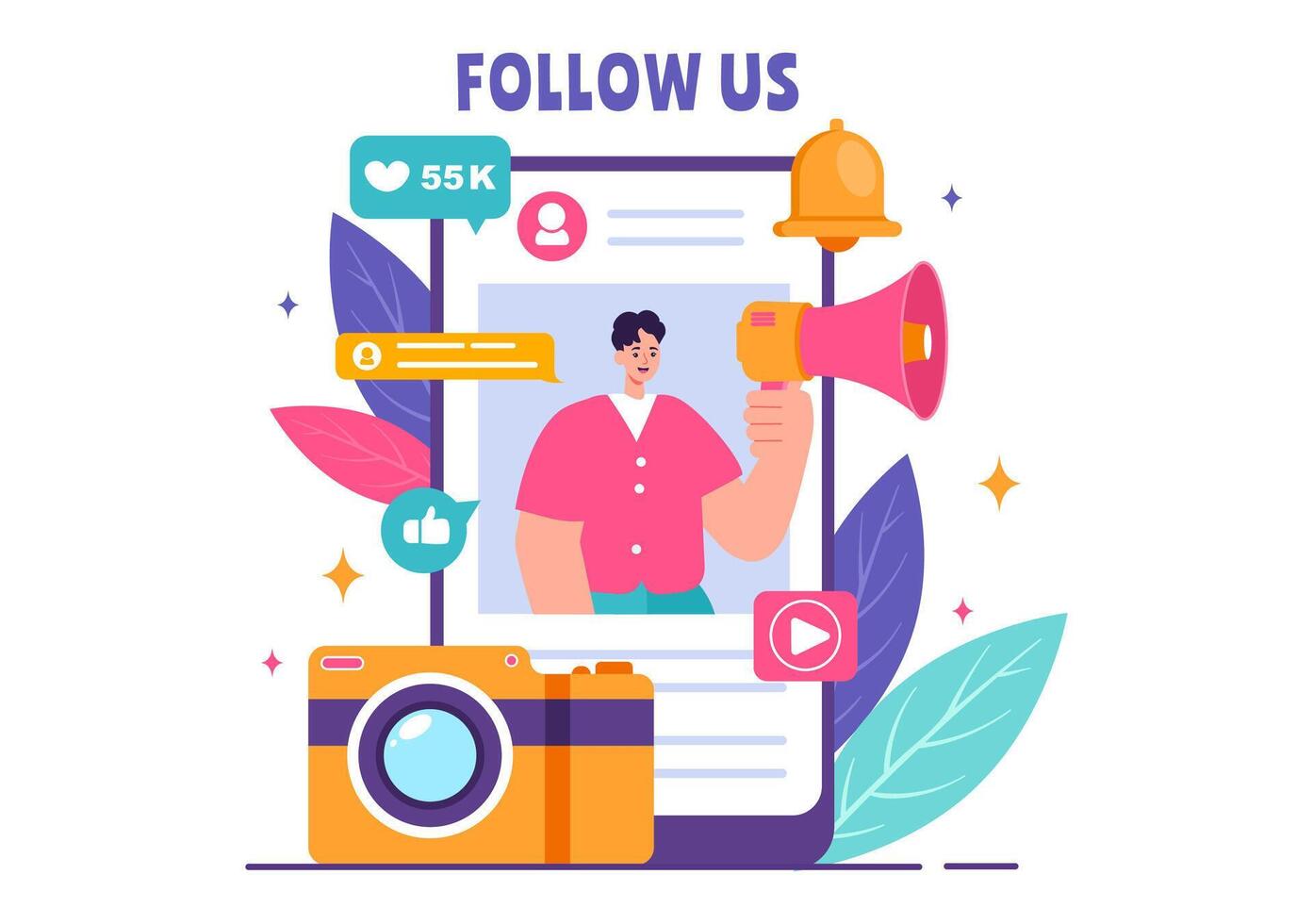 Follow Us and Like Illustration for Internet Advertisements of Social Media Users Following an Interesting Page, Set in a Flat Background vector