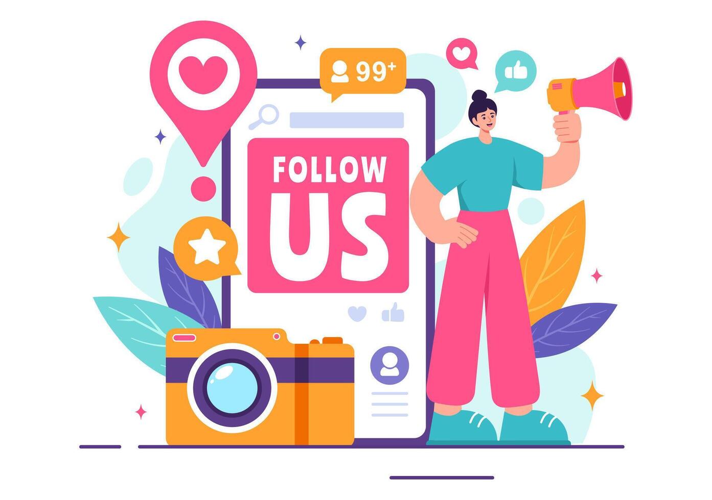 Follow Us and Like Illustration for Internet Advertisements of Social Media Users Following an Interesting Page, Set in a Flat Background vector