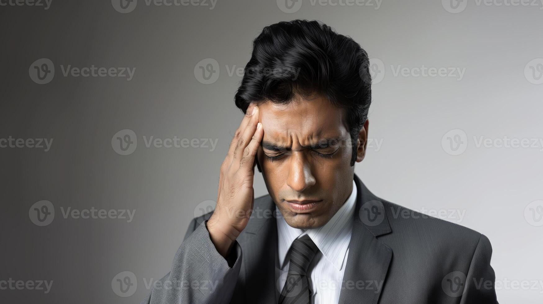 A indian man in business attire with hand on head, holding and feeling pain isolated on grey background photo