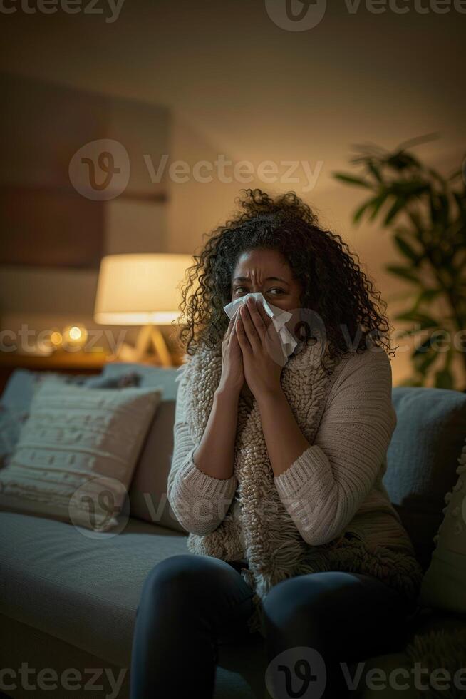 A woman sitting on the couch blowing her nose with an oversized tissue and wearing a comfortable photo