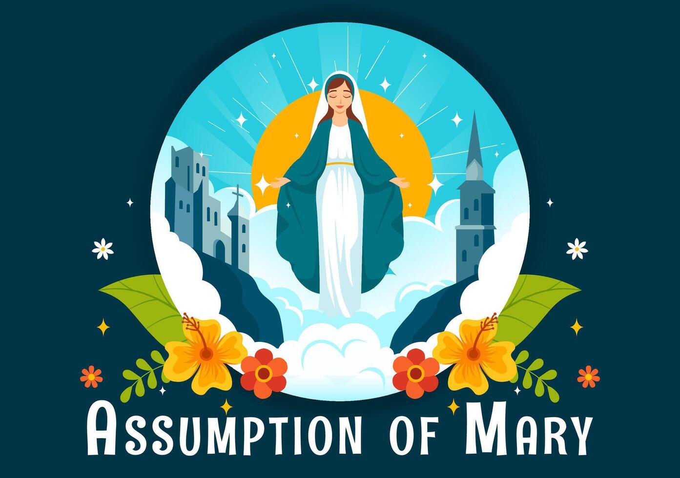 Assumption of Mary Christian Illustration Featuring the Feast of the Blessed Virgin with Doves and Angels in Heaven in a Flat Background vector