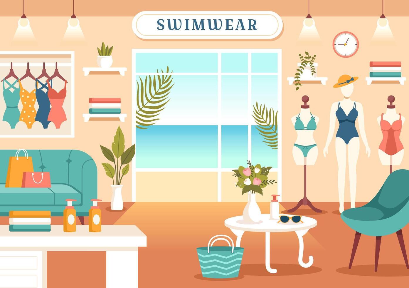 Swimwear Illustration featuring a Variety of Bikini and Swimsuit Designs for Both Women and Men at the Summer Beach in a Flat Style Background vector