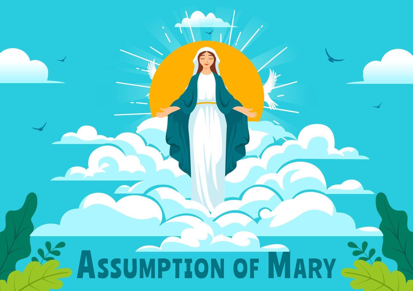 Assumption of Mary Christian Illustration Featuring the Feast of the Blessed Virgin with Doves and Angels in Heaven in a Flat Background vector