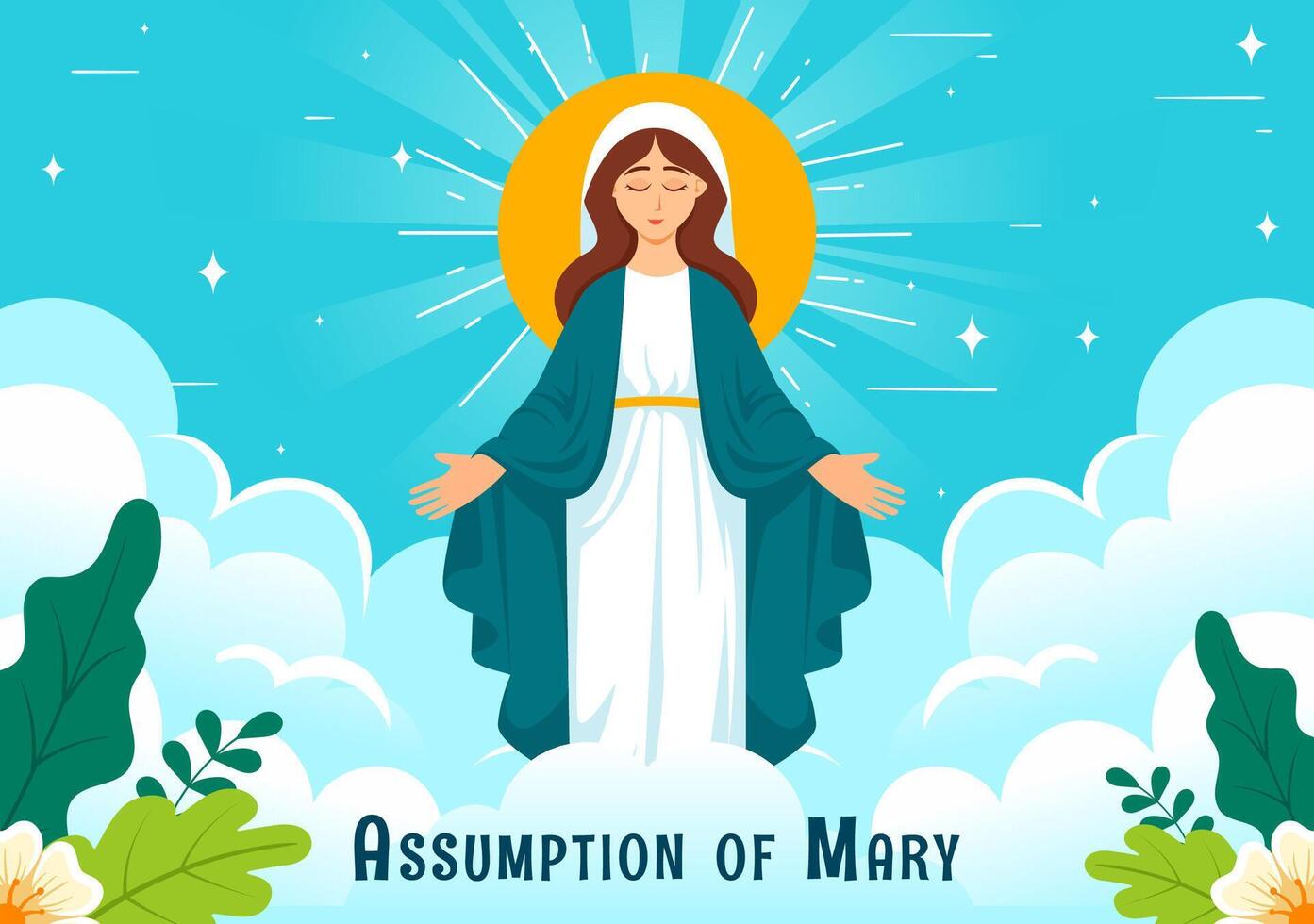 Assumption of Mary Christian Illustration Featuring the Feast of the Blessed Virgin with Doves and Angels in Heaven in a Flat Background vector