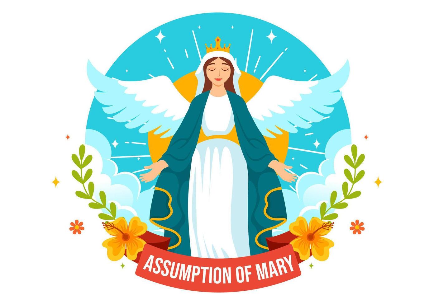 Assumption of Mary Christian Illustration Featuring the Feast of the Blessed Virgin with Doves and Angels in Heaven in a Flat Background vector