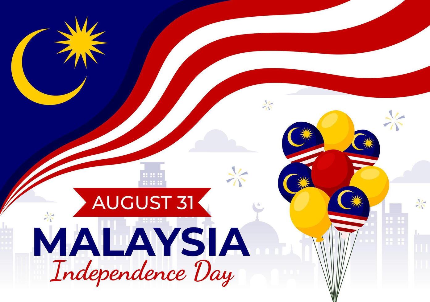 Happy Malaysia Independence Day Illustration on 31 August with Waving Flag and Ribbon in a National Holiday Flat Cartoon Background vector
