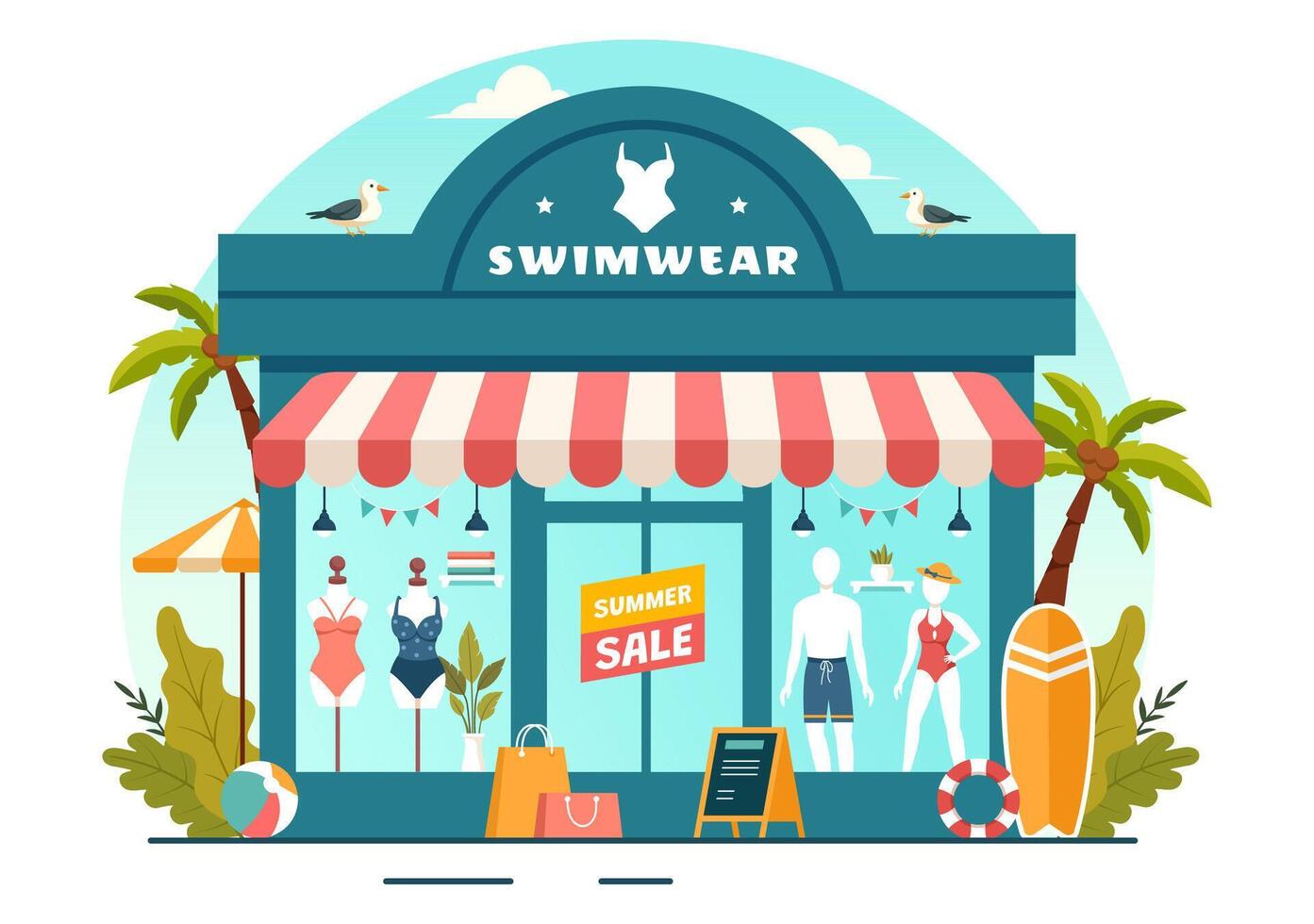 Swimwear Illustration featuring a Variety of Bikini and Swimsuit Designs for Both Women and Men at the Summer Beach in a Flat Style Background vector