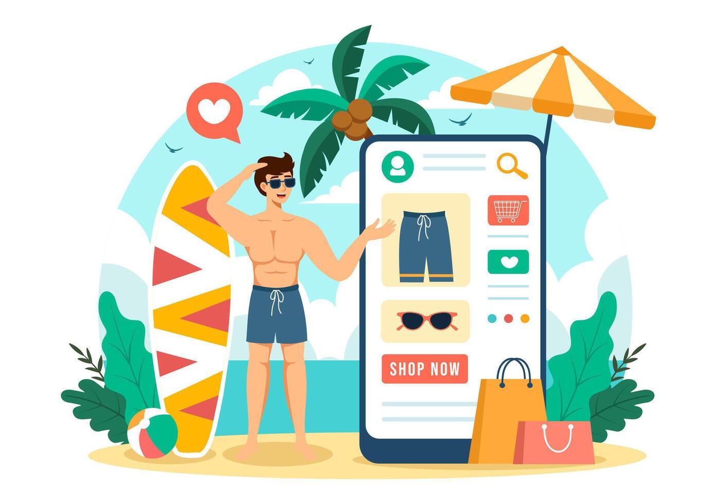 Swimwear Illustration featuring a Variety of Bikini and Swimsuit Designs for Both Women and Men at the Summer Beach in a Flat Style Background vector