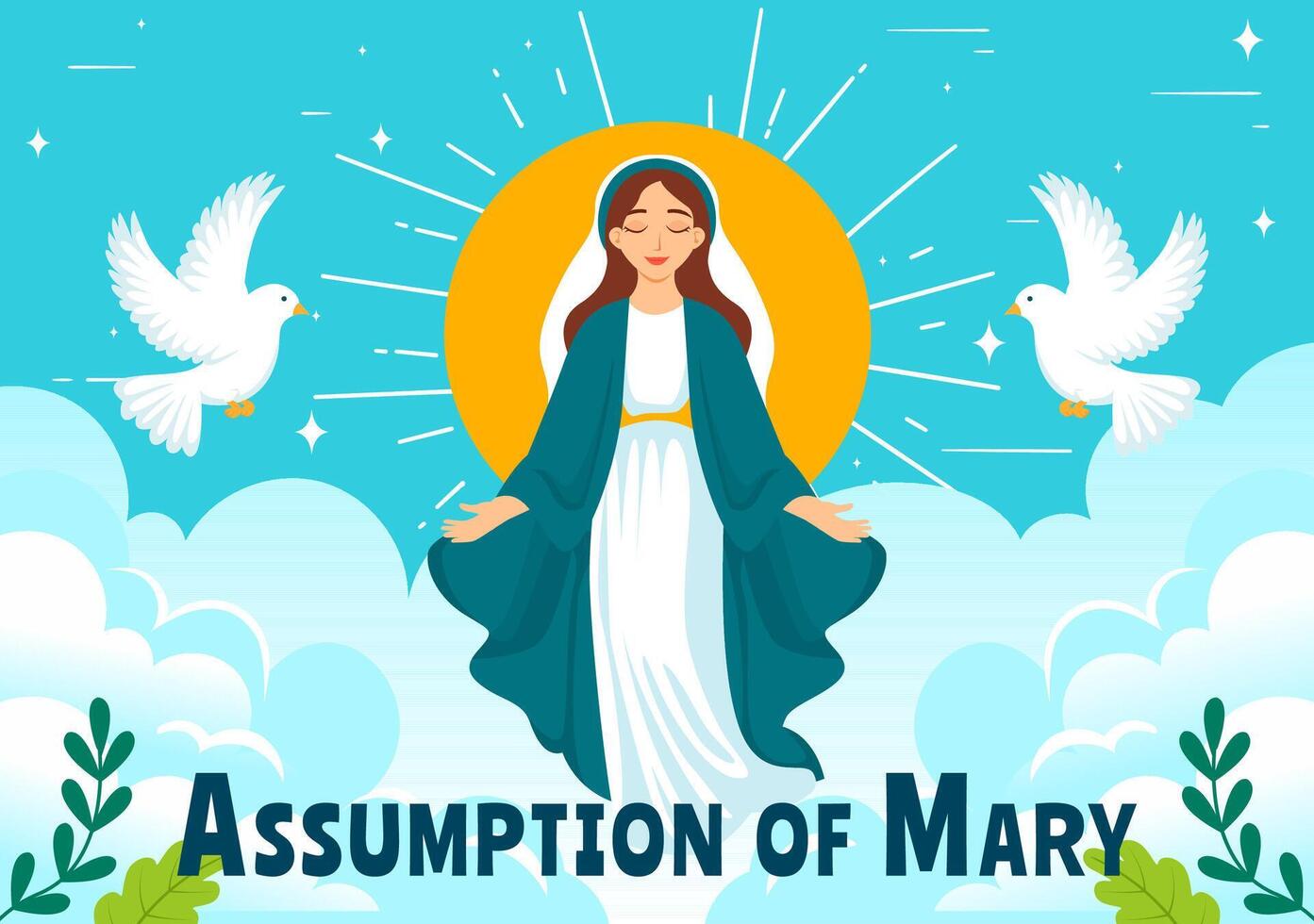 Assumption of Mary Christian Illustration Featuring the Feast of the Blessed Virgin with Doves and Angels in Heaven in a Flat Background vector