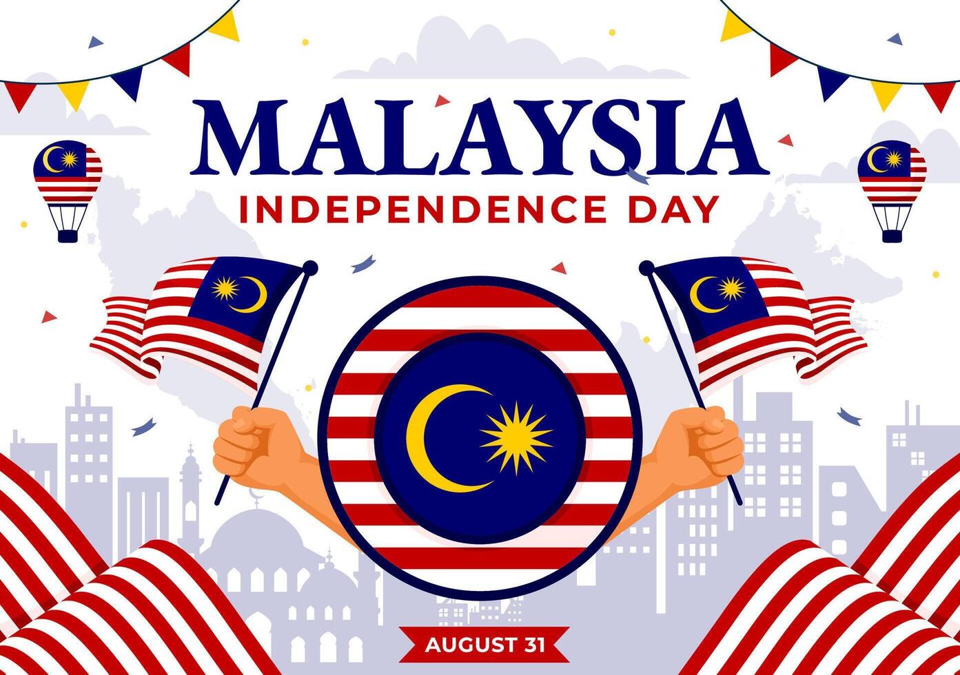 Happy Malaysia Independence Day Illustration on 31 August with Waving Flag and Ribbon in a National Holiday Flat Cartoon Background vector