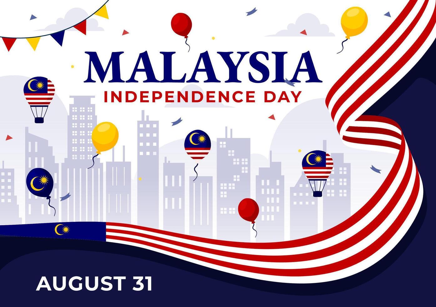 Happy Malaysia Independence Day Illustration on 31 August with Waving Flag and Ribbon in a National Holiday Flat Cartoon Background vector