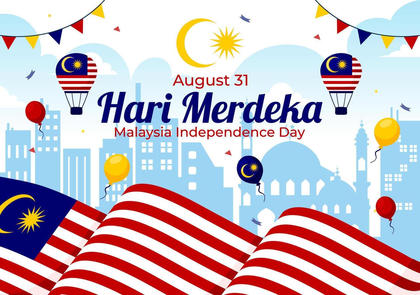 Happy Malaysia Independence Day Illustration on 31 August with Waving Flag and Ribbon in a National Holiday Flat Cartoon Background vector