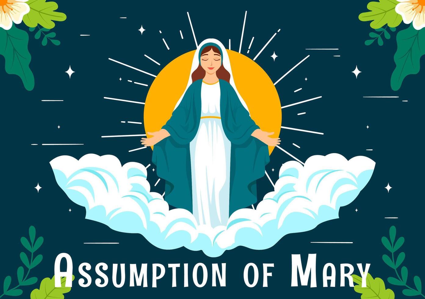 Assumption of Mary Christian Illustration Featuring the Feast of the Blessed Virgin with Doves and Angels in Heaven in a Flat Background vector