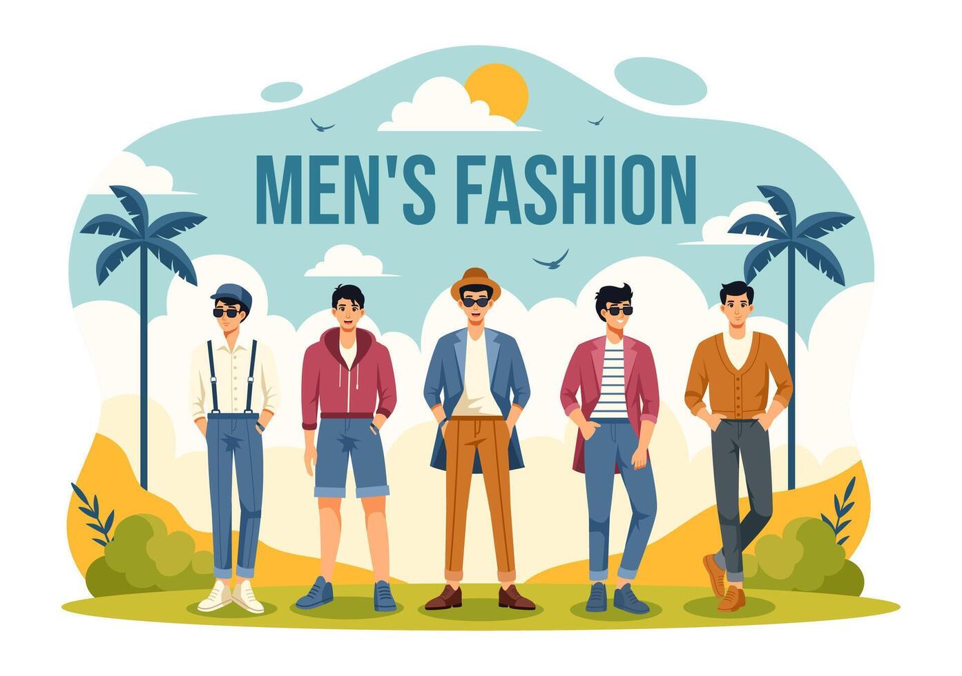 Men's Fashion Show Illustration featuring Male Models Displaying Clothes on the Runway in Modern Trendy Outfits in a Flat Cartoon Background vector