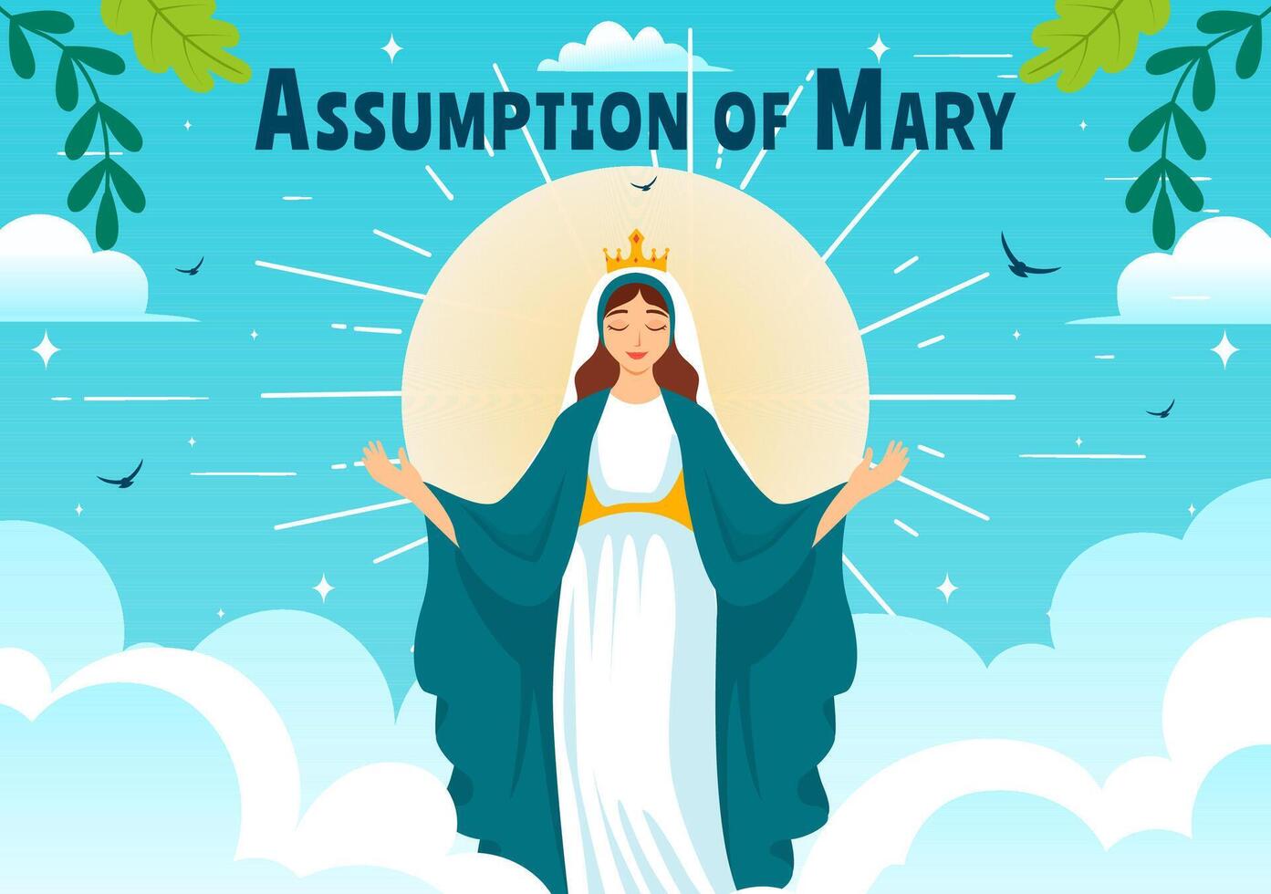 Assumption of Mary Christian Illustration Featuring the Feast of the Blessed Virgin with Doves and Angels in Heaven in a Flat Background vector