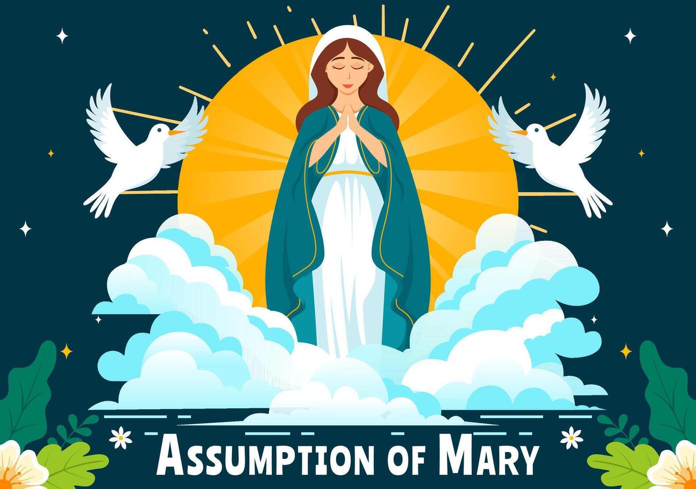 Assumption of Mary Christian Illustration Featuring the Feast of the Blessed Virgin with Doves and Angels in Heaven in a Flat Background vector
