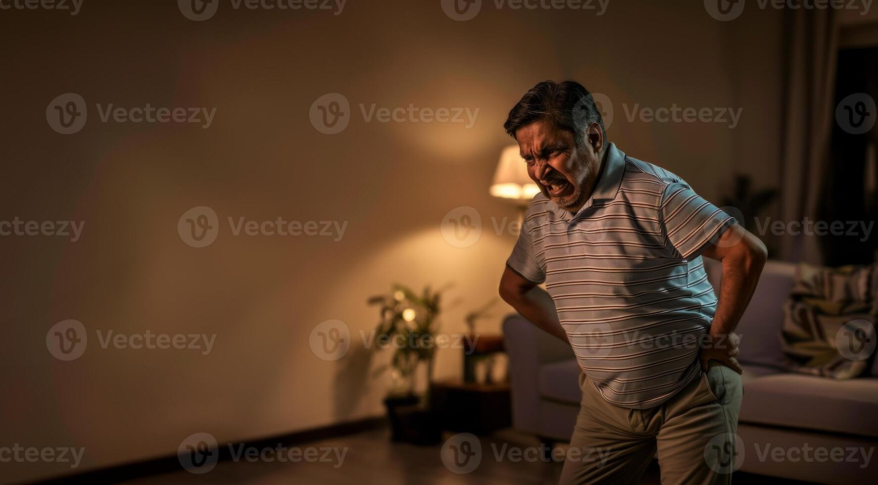 A middle aged Indian man with back pain an angry expression on his face as he stands up from the sofa at home with dark lighting photo