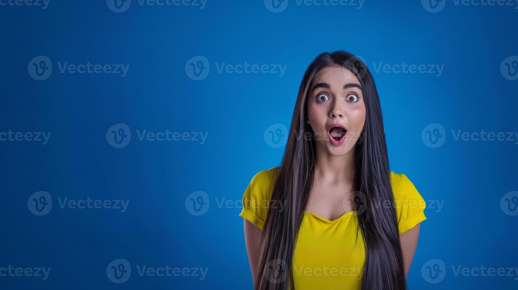 A young indian woman with long dark hair surprised expression on her face photo