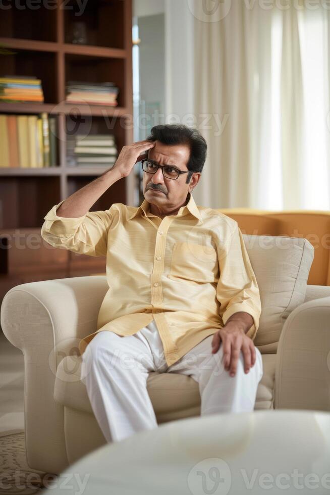 An Indian man sitting on a sofa in a living room and looking sad while touching his forehead in thought photo