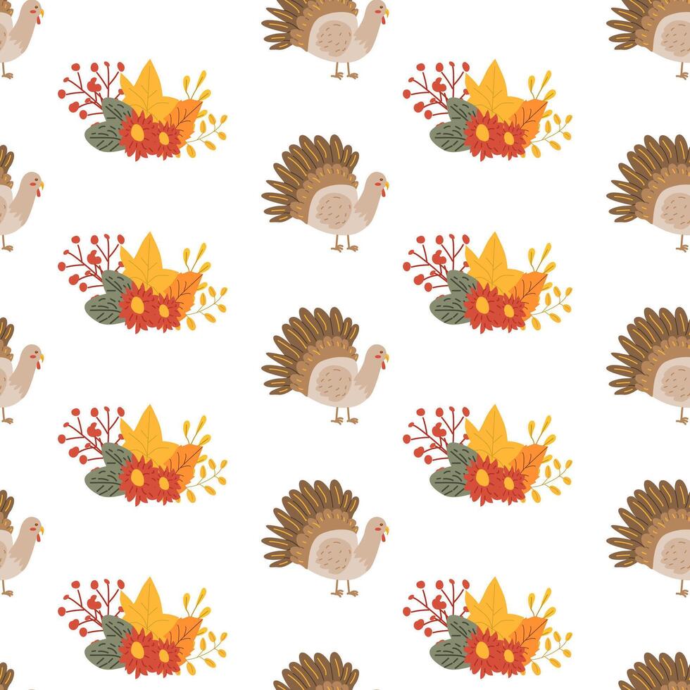 Fall thanksgiving pattern with autumn leaves and plants, animals. Cute fabric design. vector
