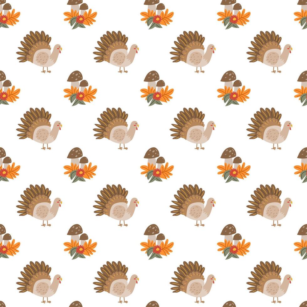 Fall thanksgiving pattern with autumn leaves and plants, animals. Cute fabric design. vector
