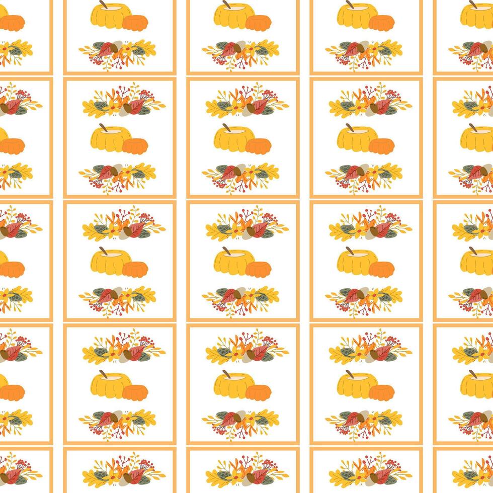Fall thanksgiving pattern with autumn leaves and plants, animals. Cute fabric design. vector