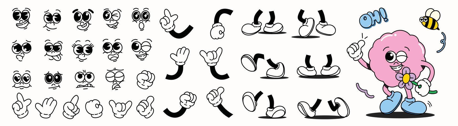Set of 70s groovy comic faces . Collection of cartoon character faces, leg, hand in different emotions happy, angry, sad, cheerful. Cute retro groovy hippie illustration for decorative, sticker. vector