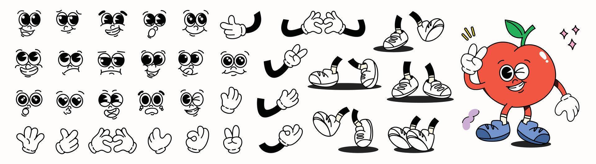 Set of 70s groovy comic faces . Collection of cartoon character faces, leg, hand in different emotions happy, angry, sad, cheerful. Cute retro groovy hippie illustration for decorative, sticker. vector