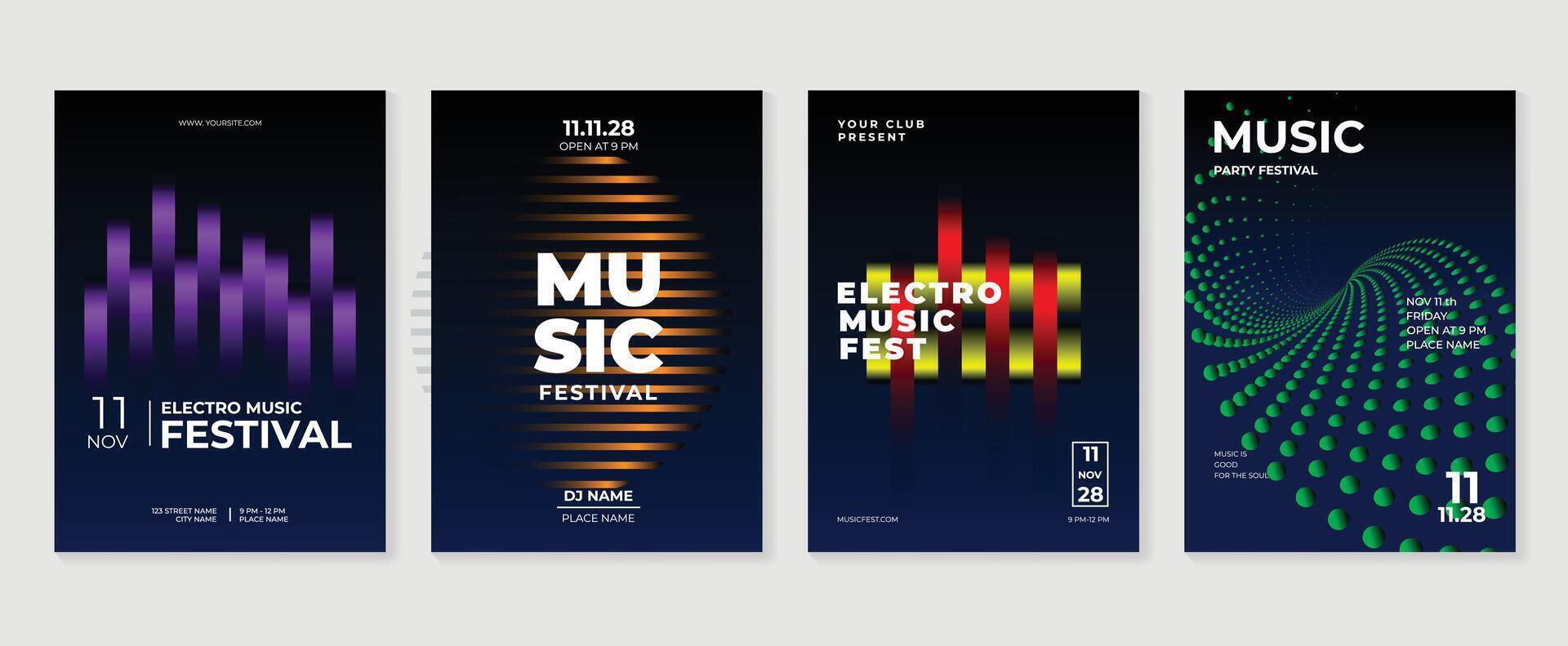 Music poster design background set. Electro Sound Cover template with vibrant abstract gradient geometric wave and halftone. Ideal design for social media, flyer, party, music festival, club. vector