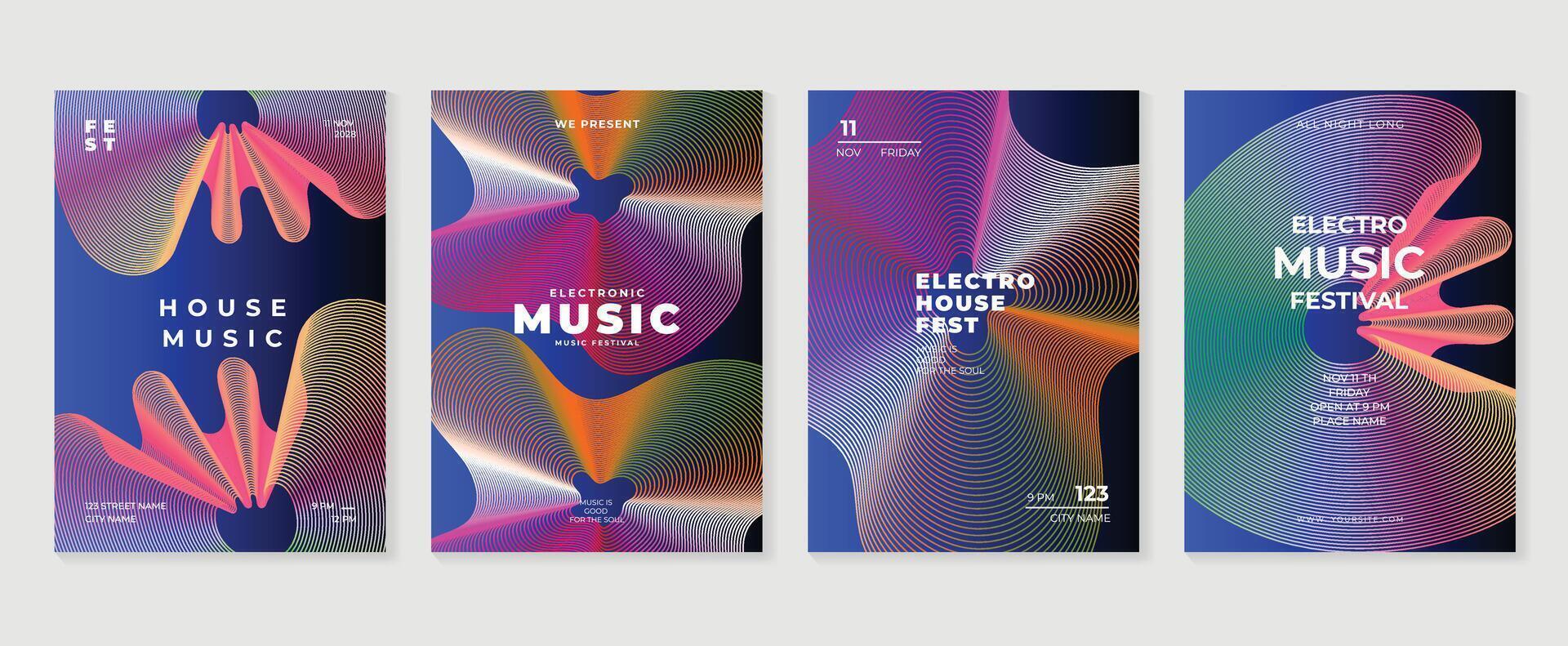 Music poster design background set. Electro Sound Cover template with vibrant abstract gradient line wave. Ideal design for social media, flyer, party, music festival, club. vector