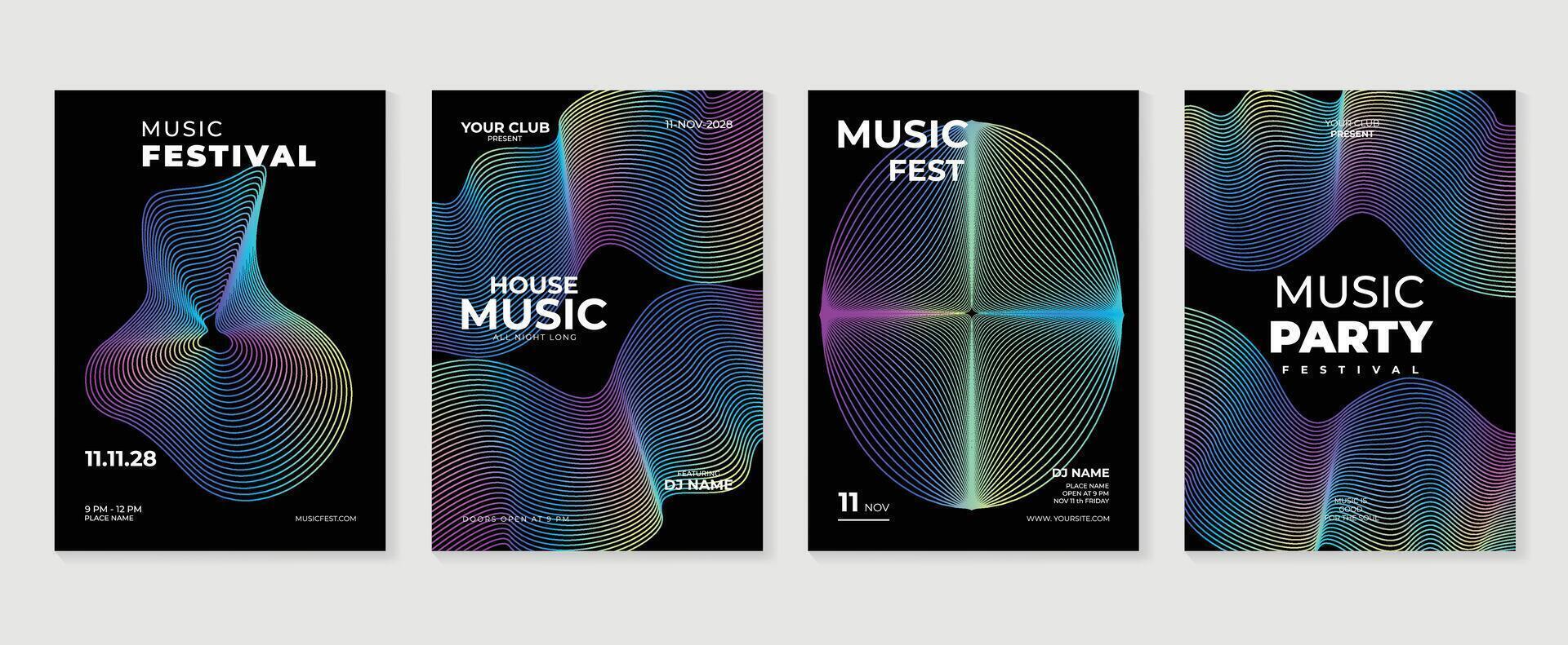 Music poster design background set. Electro Sound Cover template with vibrant abstract gradient line wave. Ideal design for social media, flyer, party, music festival, club. vector
