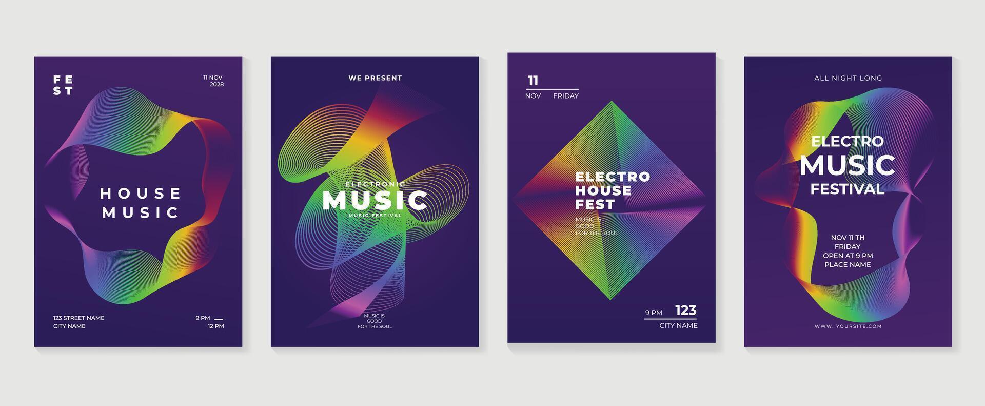 Music poster design background set. Electro Sound Cover template with vibrant abstract gradient line wave. Ideal design for social media, flyer, party, music festival, club. vector