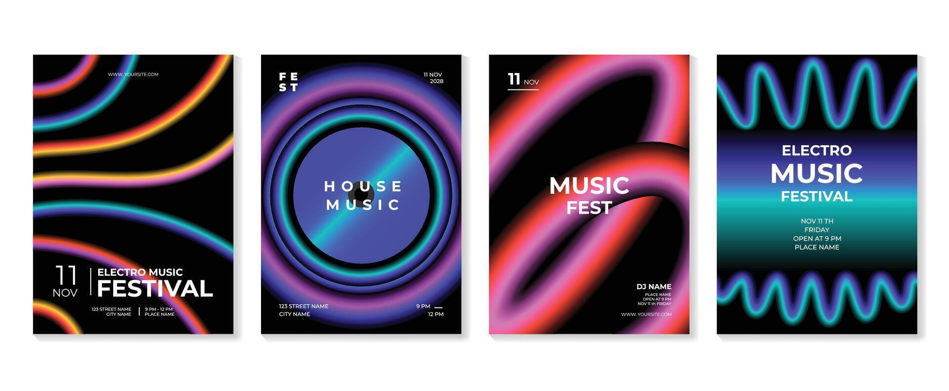 Music poster design background set. Electro Sound Cover template with vibrant abstract gradient line wave and geometric shape. Ideal design for social media, flyer, party, music festival, club. vector
