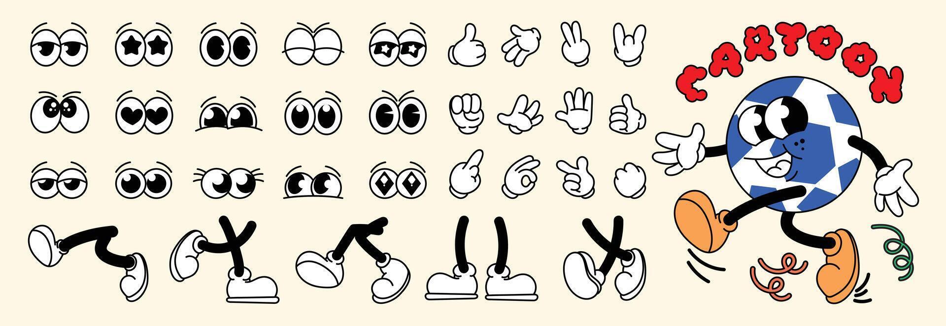 Set of 70s groovy comic faces . Collection of cartoon character faces, leg, hand in different emotions happy, angry, sad, cheerful. Cute retro groovy hippie illustration for decorative, sticker. vector