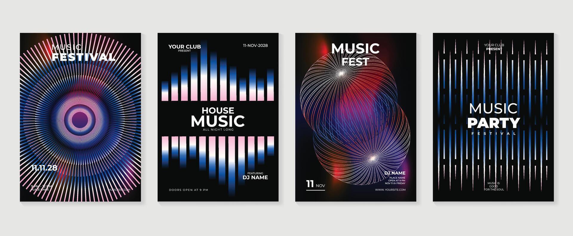 Music poster design background set. Electro Sound Cover template with vibrant abstract gradient line wave and geometric shape. Ideal design for social media, flyer, party, music festival, club. vector