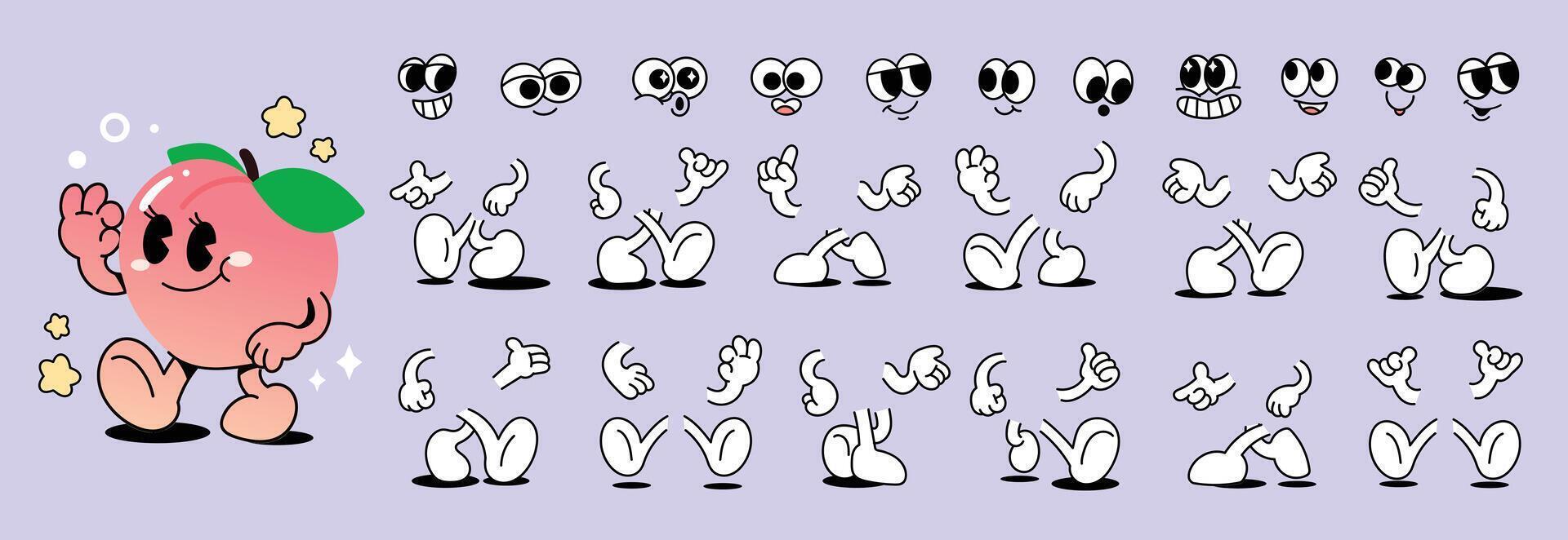 Set of 70s groovy comic faces . Collection of cartoon character faces, leg, hand in different emotions happy, angry, sad, cheerful. Cute retro groovy hippie illustration for decorative, sticker. vector
