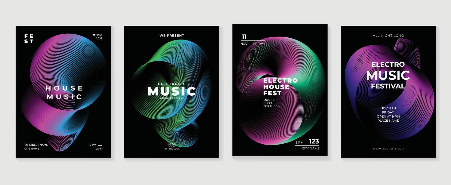 Music poster design background set. Electro Sound Cover template with vibrant abstract gradient line wave. Ideal design for social media, flyer, party, music festival, club. vector