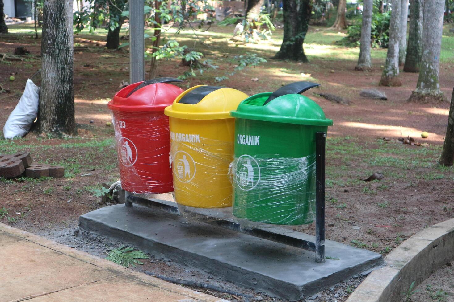 Color-Coded Recycling Bins in Park photo