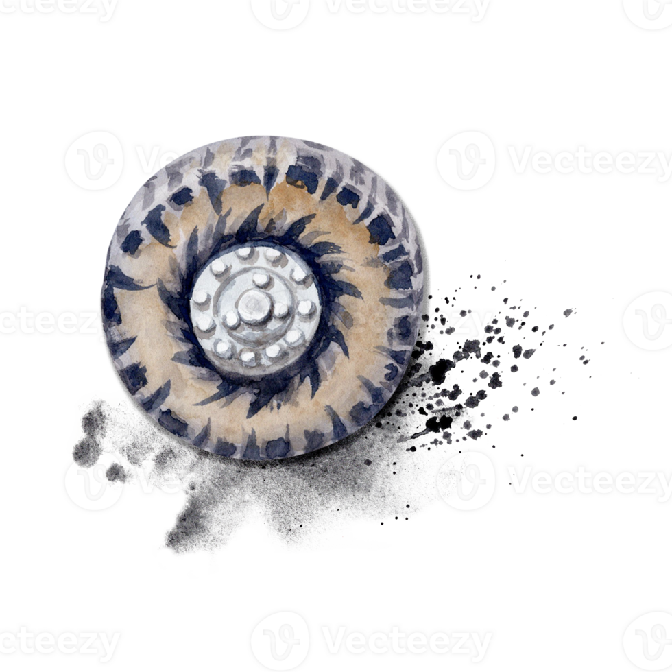 Car wheel tyre with dirt mud splashes. Watercolor illustration isolated on transparent background. Hand drawn 4x4 truck part for car repair, auto parts, service, touring, off-roading, camping designs png