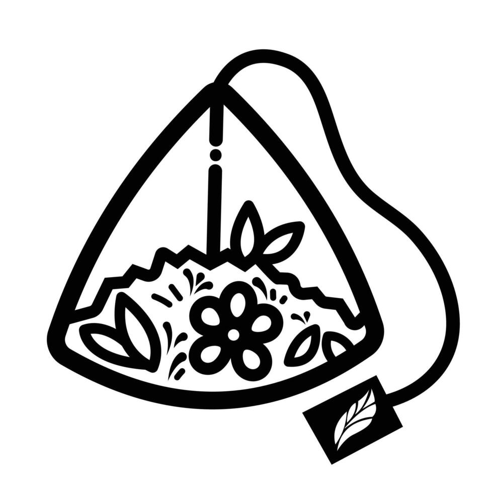 Triangle shaped tea bag with natural leaf and flower herbs icon illustration with black outline isolated on square white background. Simple flat cartoon art styled object drawing. vector