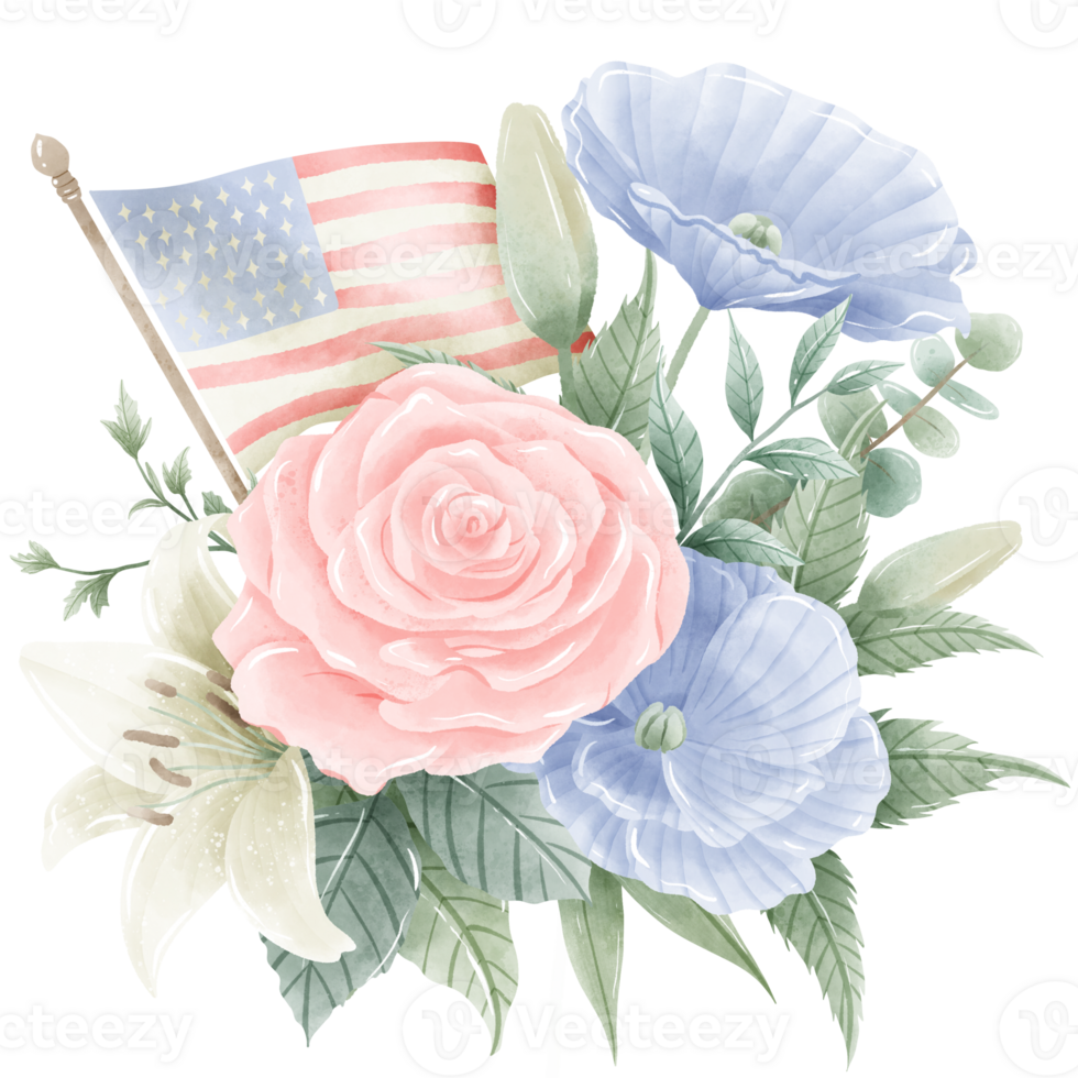 Watercolor Hand drawn illustration 4th of July Independence Day pink rose white lily blue flax flower bouquet Decoration Illustration Clipart with american flag png