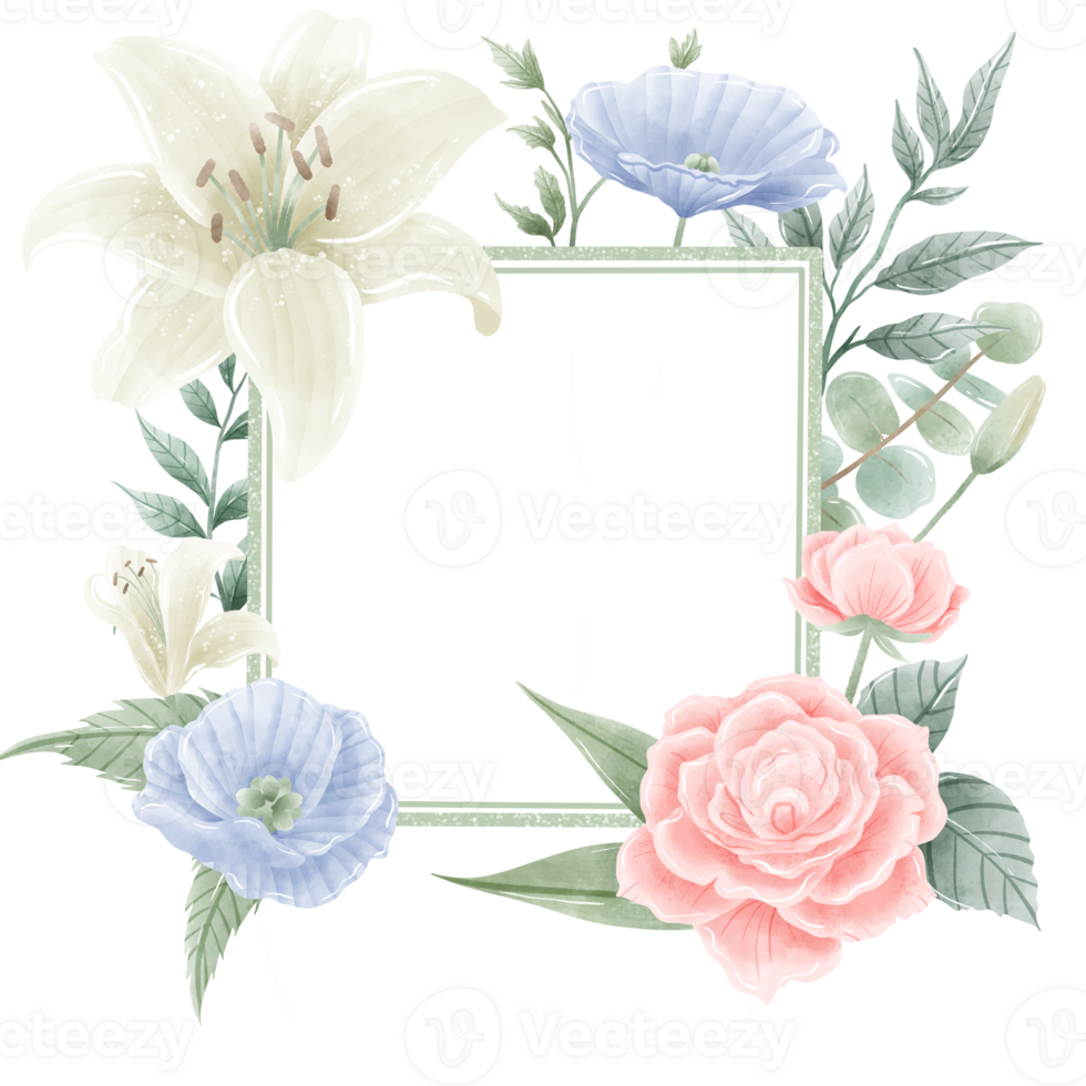 Watercolor Hand drawn illustration 4th of July Independence Day pink rose white lily blue flax flower frame wreath Decoration Illustration Clipart png