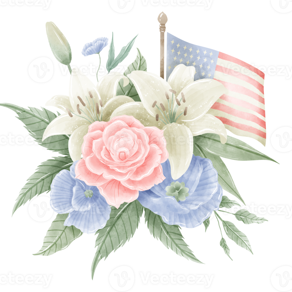Watercolor Hand drawn illustration 4th of July Independence Day pink rose white lily blue flax flower bouquet Decoration Illustration Clipart with american flag png