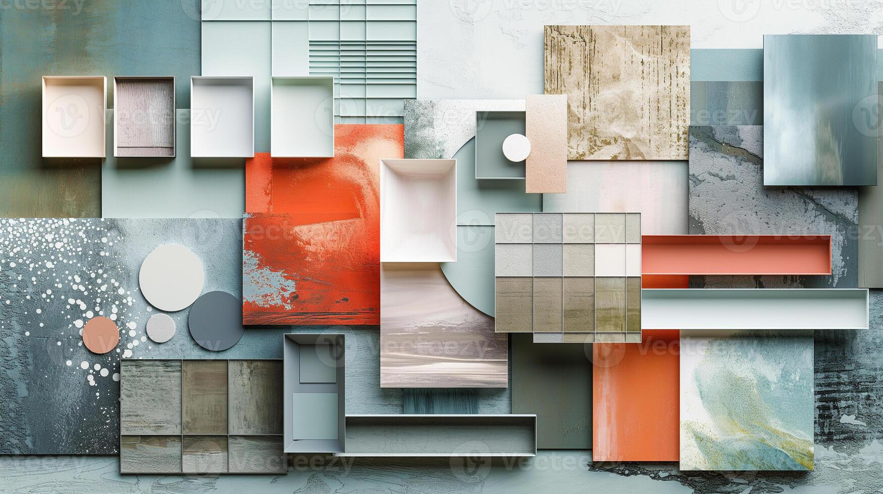 A vibrant and colorful abstract composition of geometric shapes and patterns, featuring a mix of rectangles, circles, and textured surfaces in blue, coral, and neutral tones. photo