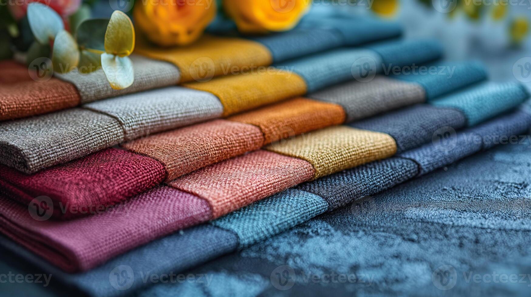 Stack of Colorful Textured Fabrics with Floral Background photo