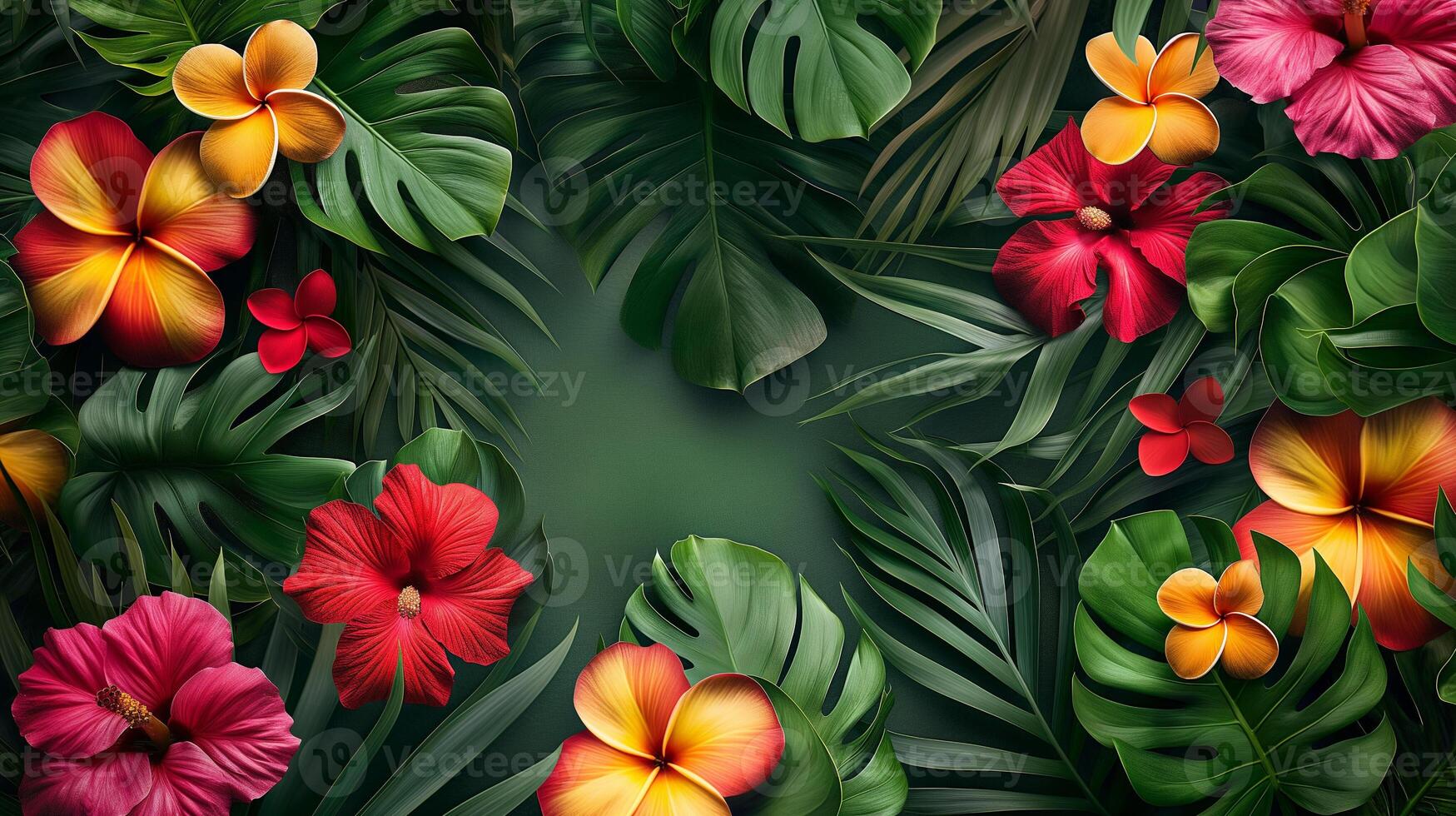 A vibrant tropical frame featuring palm leaves and bright flowers photo