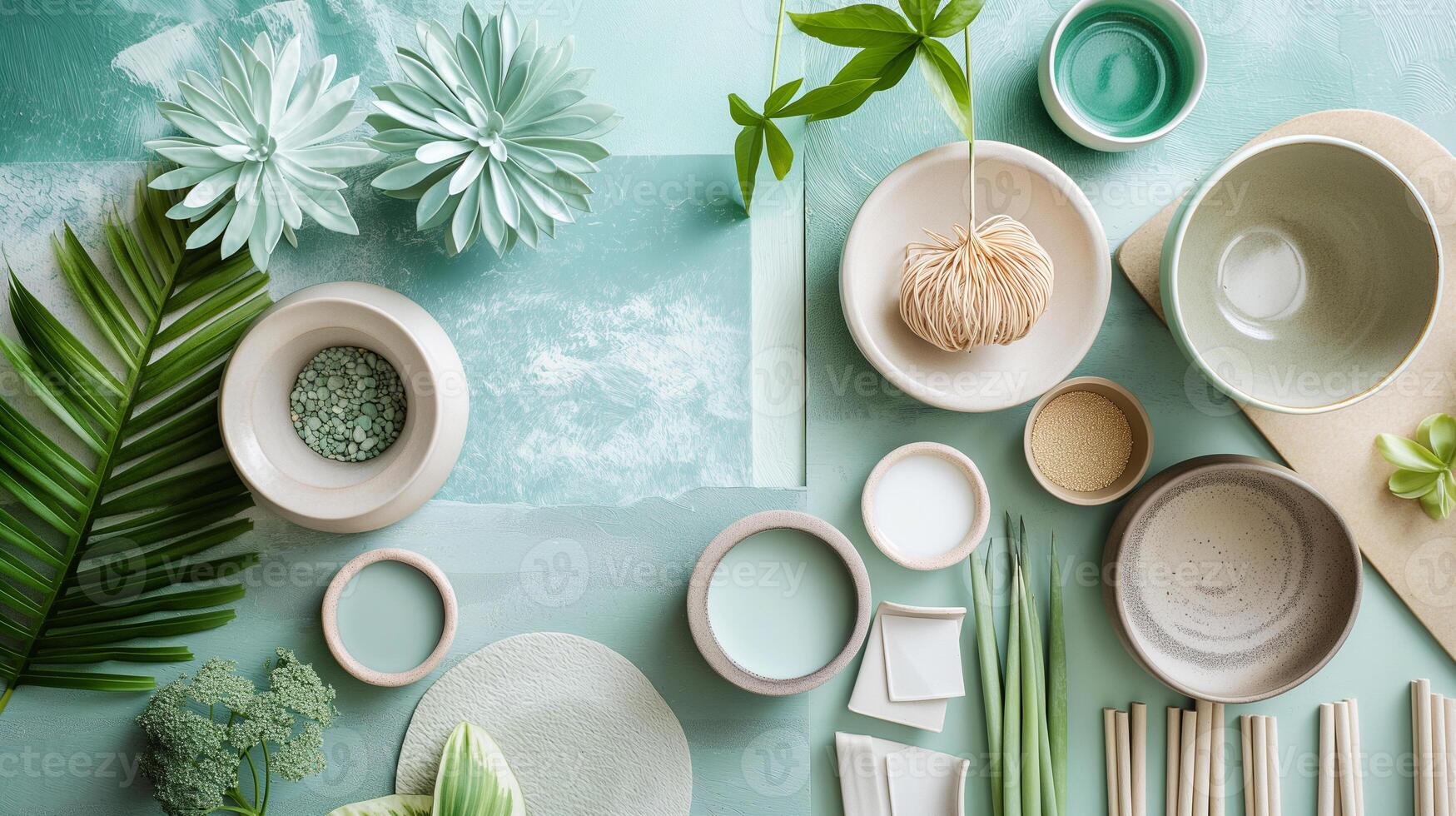Green and Beige Ceramic Tableware with Botanical Elements photo
