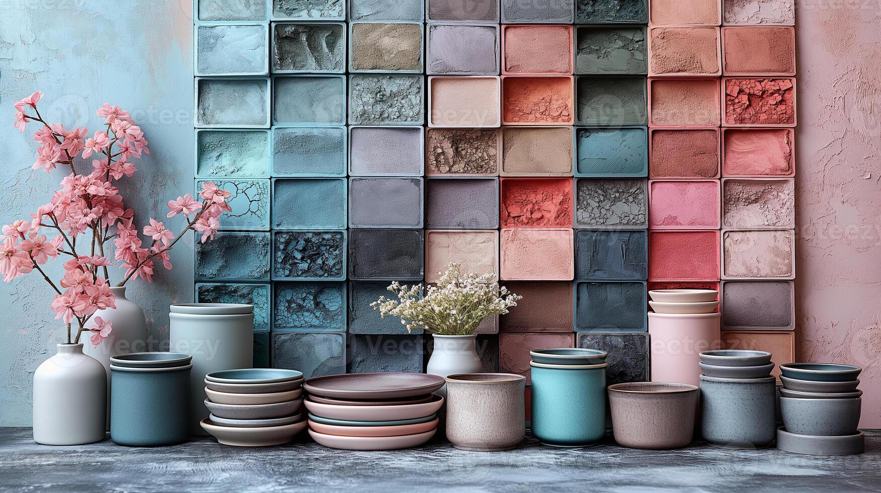 cerámico bochas y floreros con pastel losas antecedentes foto